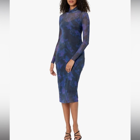 Steve Madden Vivienne navy multi sheer mesh turtleneck midi Dress size medium - Picture 2 of 4